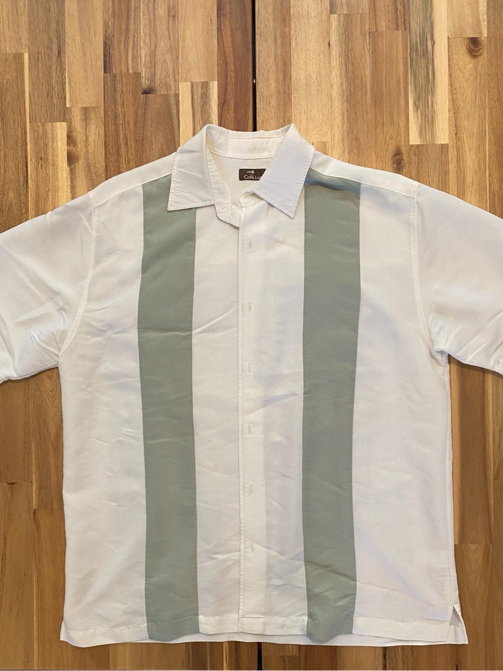 Men's White Button-Up Shirt with Light Green Stripes